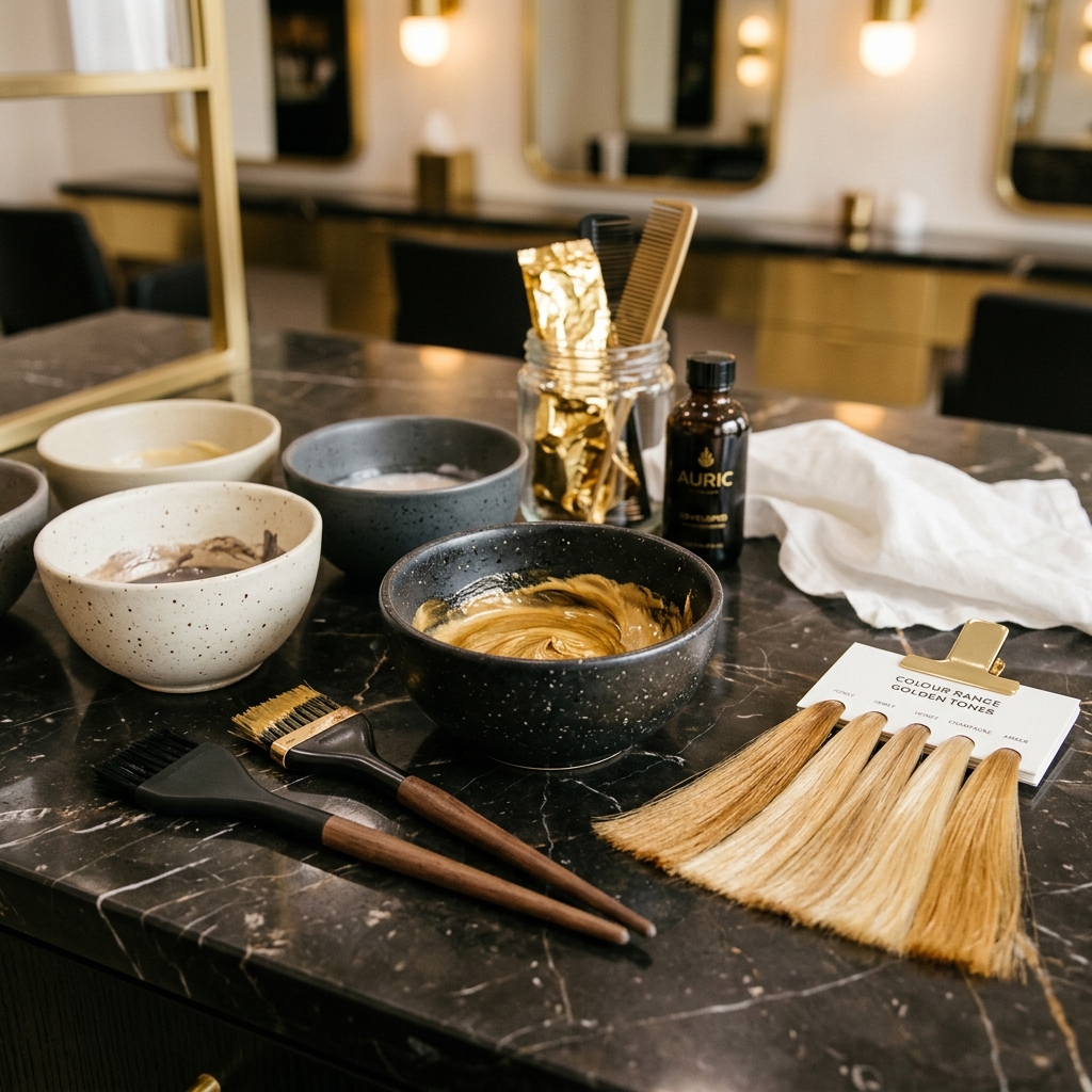 Styling tools laid out on a marble counter