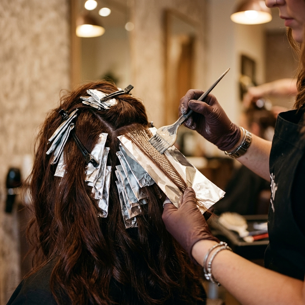 Close-up of hair colouring in progress